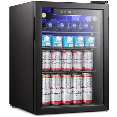 Mini Fridge Cooler - Beverage Refrigerator Black Glass Door for Beer Soda or Wine –Small Drink Dispenser Machine Clear Fron...