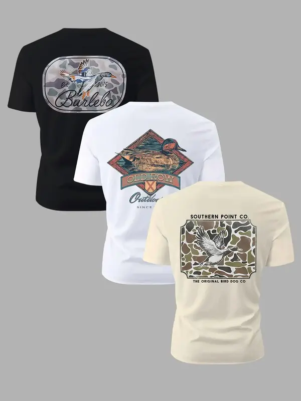 Men's Letter & Bird Print Round Neck Graphic Tee, Regular Fit Casual Short Sleeve T-shirt for Summer, Men's Top for Daily Wea...