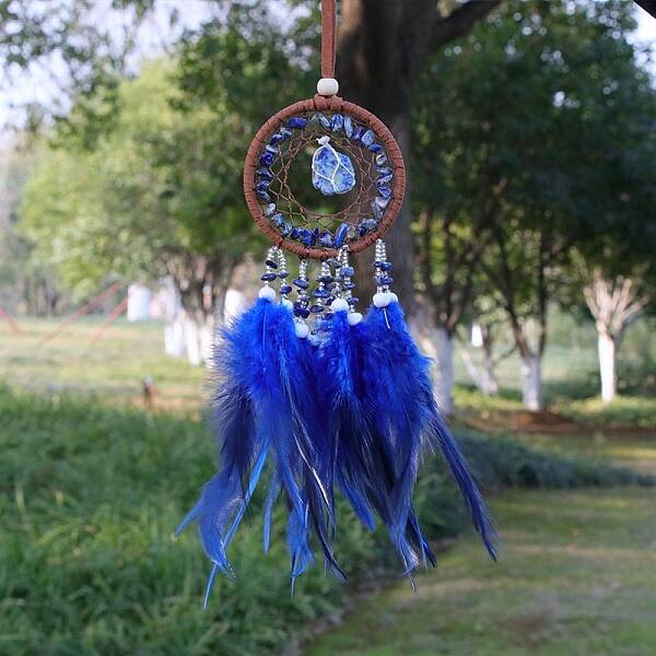 Natural Lapis Lazuli Chips Woven Net/Web with Feather Pendant Decoration