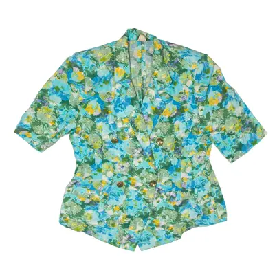 Short Sleeve Blazer Jacket Blue Viscose 80s Floral Womens L