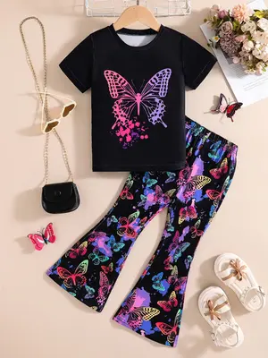 Toddler Girl's Butterfly Print Tee & Flare Leg Pants Sweatshirt Set, Casual Round Neck Short Sleeve T-shirt & Bell Bottom Tro...
