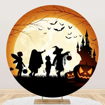 Round Moon Silhouette Pumpkin Halloween Backdrop