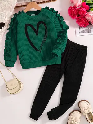 Girls' Elegant Ruffle Sleeve Heart Print Knit Set, Polyester Elastane Blend Casual Top & Pants, Spring & Fall Wear, Girl Clot...