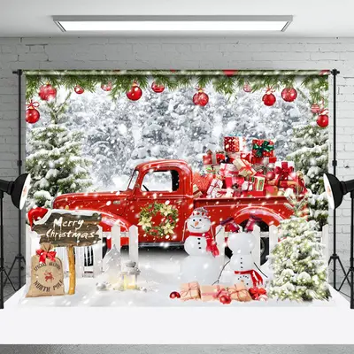 Aperturee Red Gift Truck Snowman Winter Christmas Backdrop - Aperturee