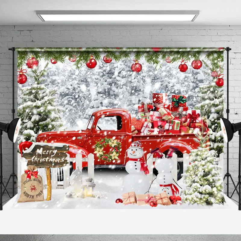 Aperturee Red Gift Truck Snowman Winter Christmas Backdrop - Aperturee