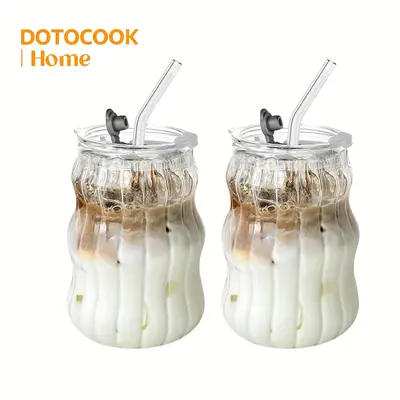 Glass Cup with Straw & Lid, 1/2 Counts 18oz Wave Bubble Beverage Water Tea Coffee Glasses, Drinking Cup for Home Kitchen Dini...