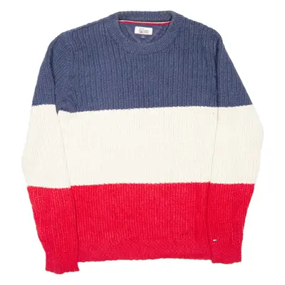 TOMMY HILFIGER Mens Heavy Knit Jumper Red Colourblock Chunky Knit L