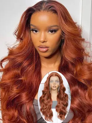 24 Inch Burgundy/Ginger Long Body Wavy Wigs for Women, Gorgeous Fluffy Wigs without Bangs, Synthetic Heat Resistant HD Lace ...