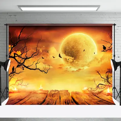 Aperturee Moon Night Bats Candlelit Wood Halloween Backdrop - Aperturee