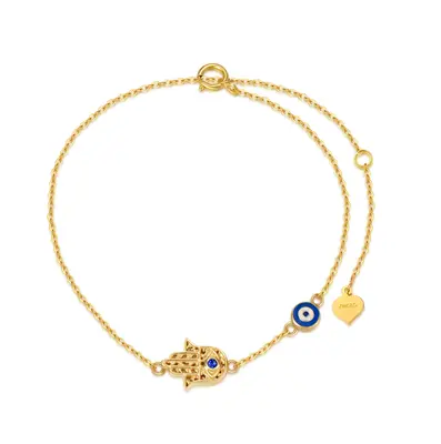 14K Gold Cubic Zirconia Evil Eye & Hamsa Hand Charm Bracelet