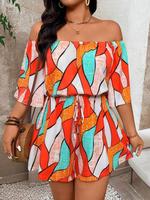 【Plus Size】 All Over Print Off The Shoulder Romper, Casual Romper for Daily Wear, Women's Plus Clothing for Summer