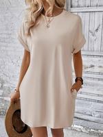 Women's Plain Pocket Batwing Sleeve Tee Dress, Casual Round Neck Roll Up Sleeve Dress for Summer, Minimalist Fashion Women's...