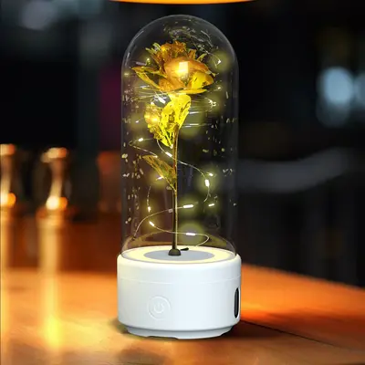 2-in-1 Rose Flowers LED Light & Bluetooth Speaker | Color: White Base Gold Flower