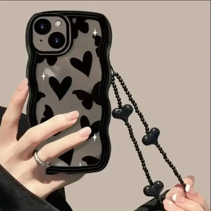 Heart Pattern Phone Case With Wrist Strap, Shockproof Phone Protector Cover, All-inclusive Phone Cases for iPhone 11 12 13 14...