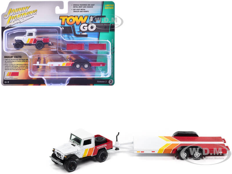 1980 Toyota Land Cruiser Pickup Truck White and Red with Stripes and Open Car Trailer Limited Edition \