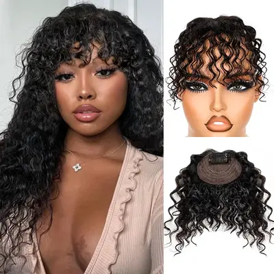 Curly Bangs Clip In Bang with Temples Hand-Tied Melt Lace Human Hair Extension