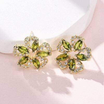 Flower Brass Micro Pave Cubic Zirconia Stud Earrings