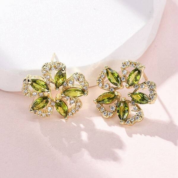 Flower Brass Micro Pave Cubic Zirconia Stud Earrings