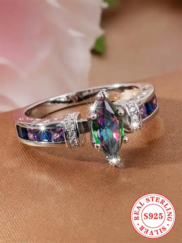 S925 Sterling Silver Rhinestone Decorated Engagement Ring, 2024 New Style Elegant Jewelry for Women for Gift, Trendy All-matc...