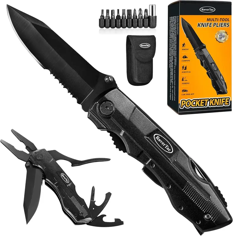 RoverTac Pocket Knife Multitool – 15-in-1 Folding Knife with Pliers, Screwdrivers & Bottle Opener – Multitool Knife with ...