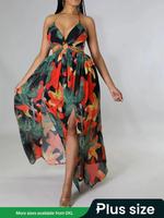 Plus Size Floral & Leaf Print Chain Decor Cut Out Split Thigh Cami Dress, Casual Boho Fashion Backless Halter Neck Maxi Dress...
