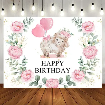 Aperturee Pink Balloon Floral Little Sheep Birthday Backdrop
