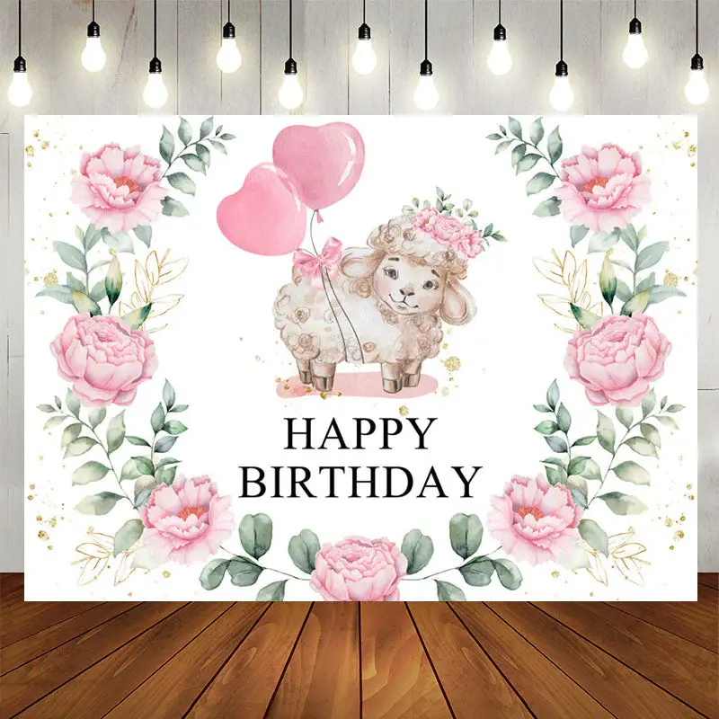 Aperturee Pink Balloon Floral Little Sheep Birthday Backdrop