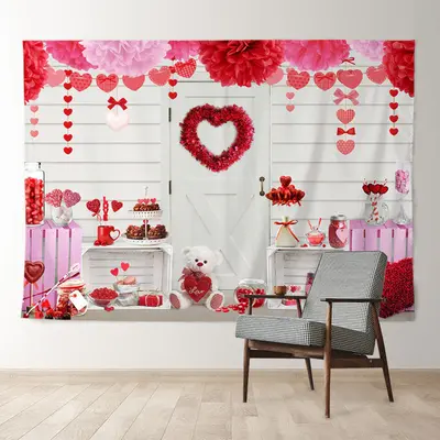 Aperturee Hot Pink And Red Heart Teddy Valentine Backdrop