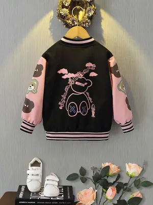 Girl's Cartoon Print Baseball Collar Jacket, Casual Long Sleeve Outerwear for Daily Wear, Kids Clothing for All Seasons