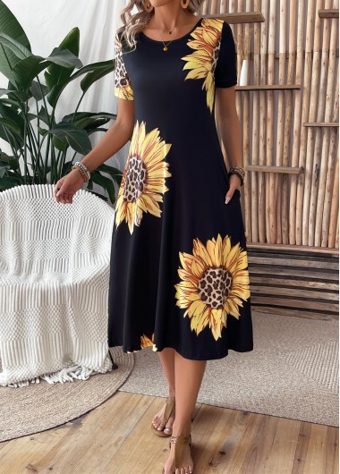 Modlily Black Pocket Sunflower Print Short Sleeve Round Neck Dress - M