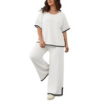 DUTUT Women's Summer 2 Piece Pajama Loungewear Outfits Casual Short Sleeve Knit Sweater Tops Wide Leg Pants Lounge Sets Track...