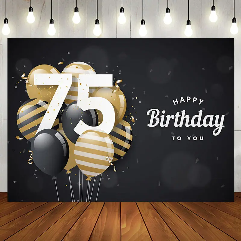 Aperturee Bokeh Balloons Black Happy 75th Birthday Backdrop - Aperturee