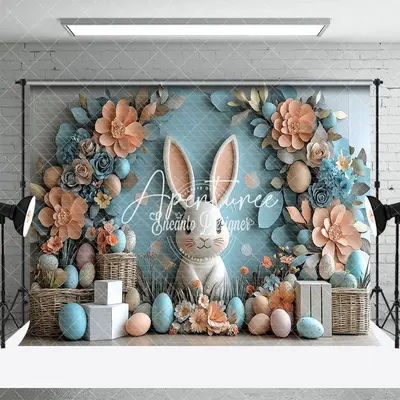 Aperturee Fine Art Orange Blue Floral Bunny Easter Backdrop, 3X2FT(1MX0.6M), 14 USD, easter backdrops, ENHD3J36-M