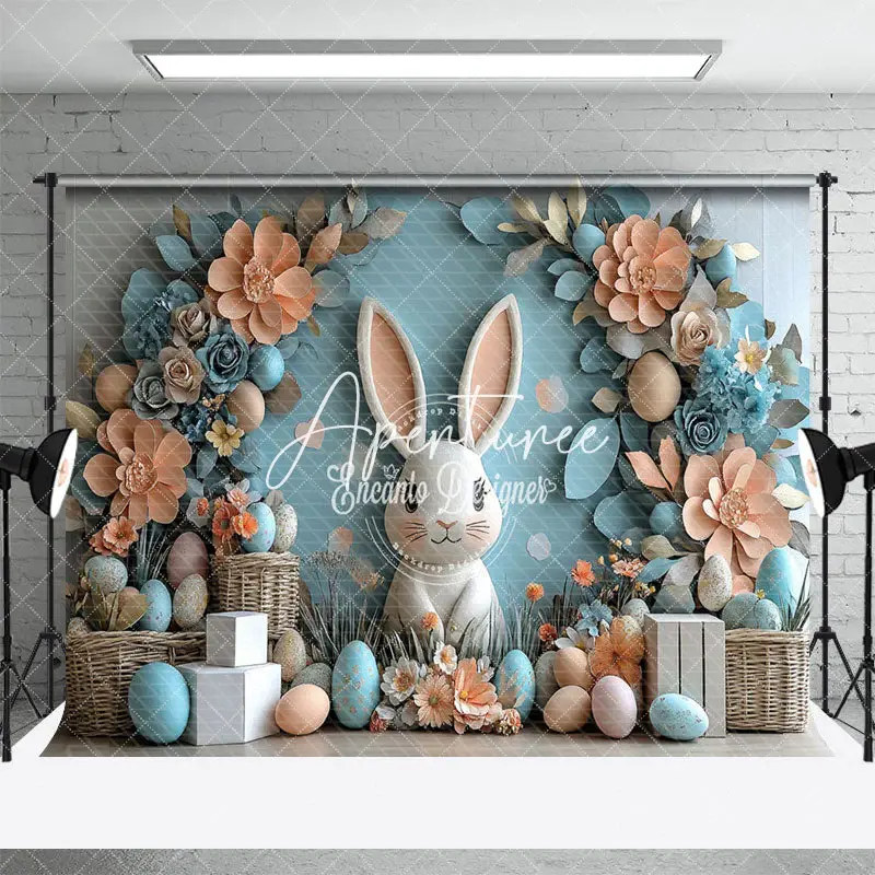 Aperturee Fine Art Orange Blue Floral Bunny Easter Backdrop, 3X2FT(1MX0.6M), 14 USD, easter backdrops, ENHD3J36-M