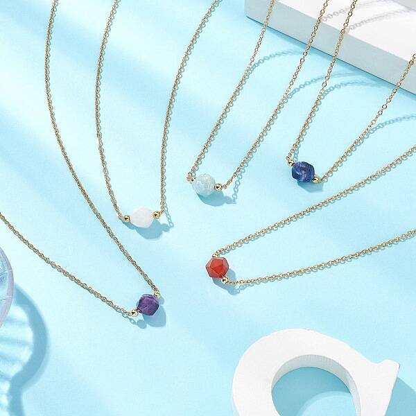 Faceted Star Cut Round Natural Gemstone Pendant Necklaces