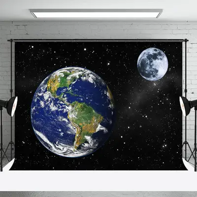 Black Earth Moon Stars Galaxy Backdrop For Party - Aperturee