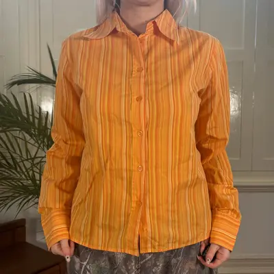 Benetton Striped Shirt - Medium Orange Cotton