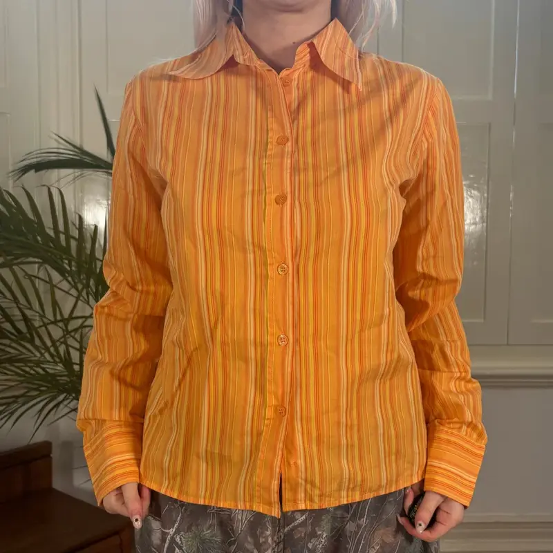 Benetton Striped Shirt - Medium Orange Cotton