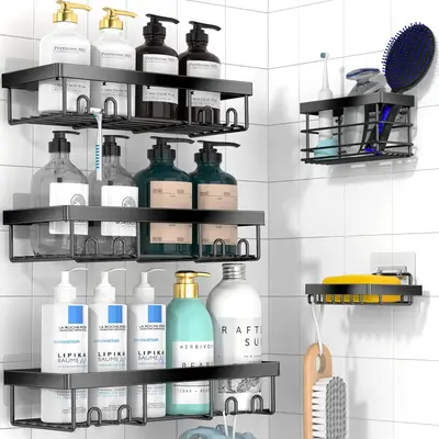 5Pack Moforoco Shower Caddy Shelf Organizer Rack, Self Adhesive Black Bathroom Shelves Basket, Shower Organization and Storag...