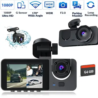 1080P Full UHD Car Camera Front Rear with Free 64GB SD Card,HDR,Dashcam for Cars,Night Vision,Loop Recording,WDR,24H Parking ...