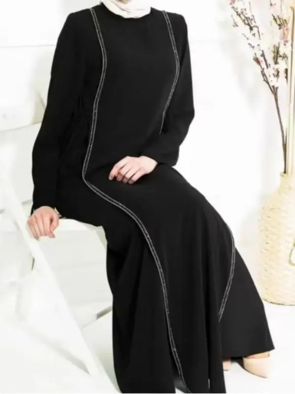 Women's Solid Knot Design Long Sleeve Dress without Hijab, Modest Simple Long Dress for Spring & Fall, Casual Ladies Clothes ...