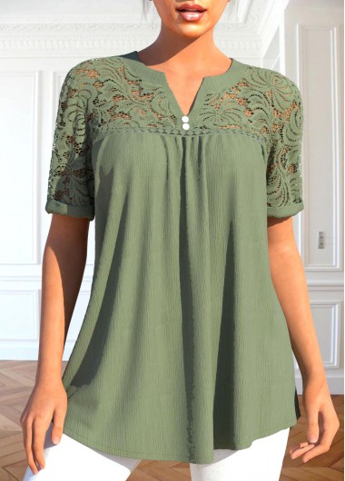 Modlily Sage Green Patchwork Short Sleeve Split Neck Blouse - M