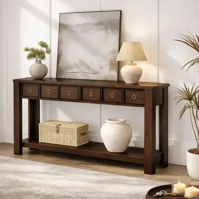 Garvee Farmhouse 59 Wooden Console Table with 2 Drawers and Thickened Legs, Brown