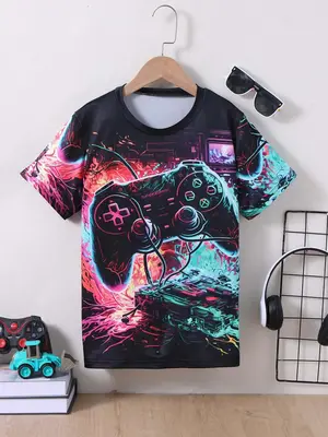 Boy's Game Console Print Round Neck Tee, Fashion Casual Crew Neck Short Sleeve T-Shirt for Daily Outdoor Wear, Kids Clothing ...