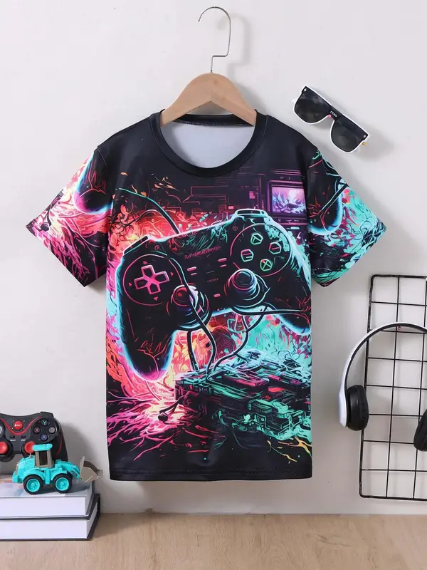 Boy's Game Console Print Round Neck Tee, Fashion Casual Crew Neck Short Sleeve T-Shirt for Daily Outdoor Wear, Kids Clothing ...
