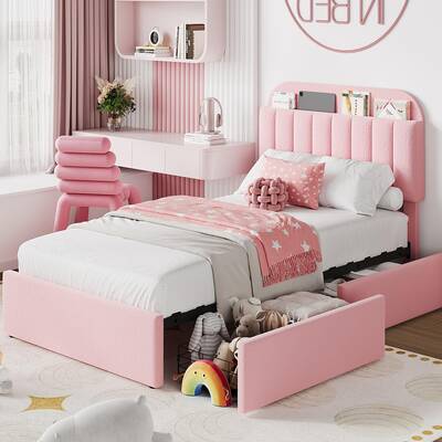 Garvee Twin Bed Frame for Kids with Boucle Upholstery, Storage Headboard, 2 Flexible Drawers, Metal & Wood, Noise-Free, Pink,...