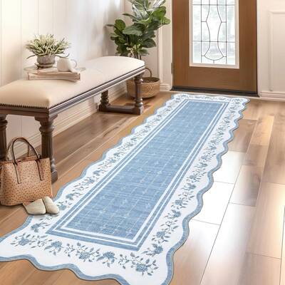 Garvee 2x6 Scalloped Runner Rug Non-Slip Washable Polyester Low-Pile Stain-Resistant Blue Kitchen Hallway