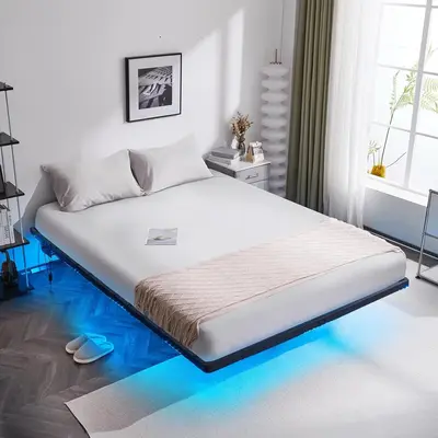 VINGLI Twin Floating Bed Frame with USB Charging Station/LED Lights, 14'' Platform Bed Frame Twin Size Heavy Duty Metal Bed, ...