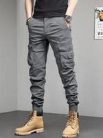 Men's Solid Pocket Cargo Pants, Loose Casual Streetwear Drawstring Waist Trousers for Men, Woven Bottoms for All Seasons, Jog...