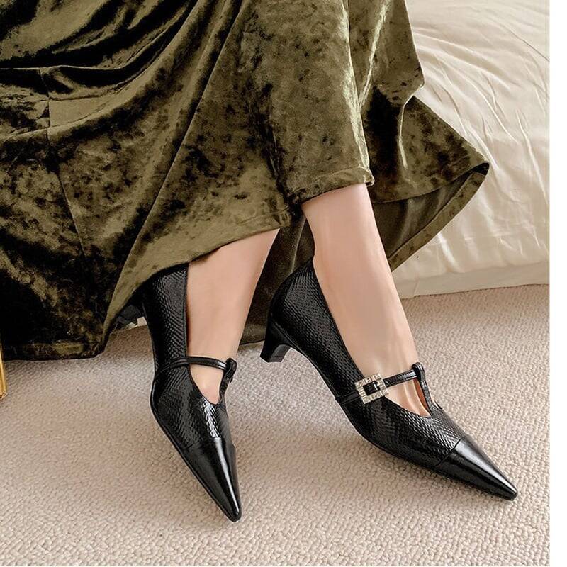 CHIKO Lauren Pointy Toe Chunky Heels T-Strap Shoes
